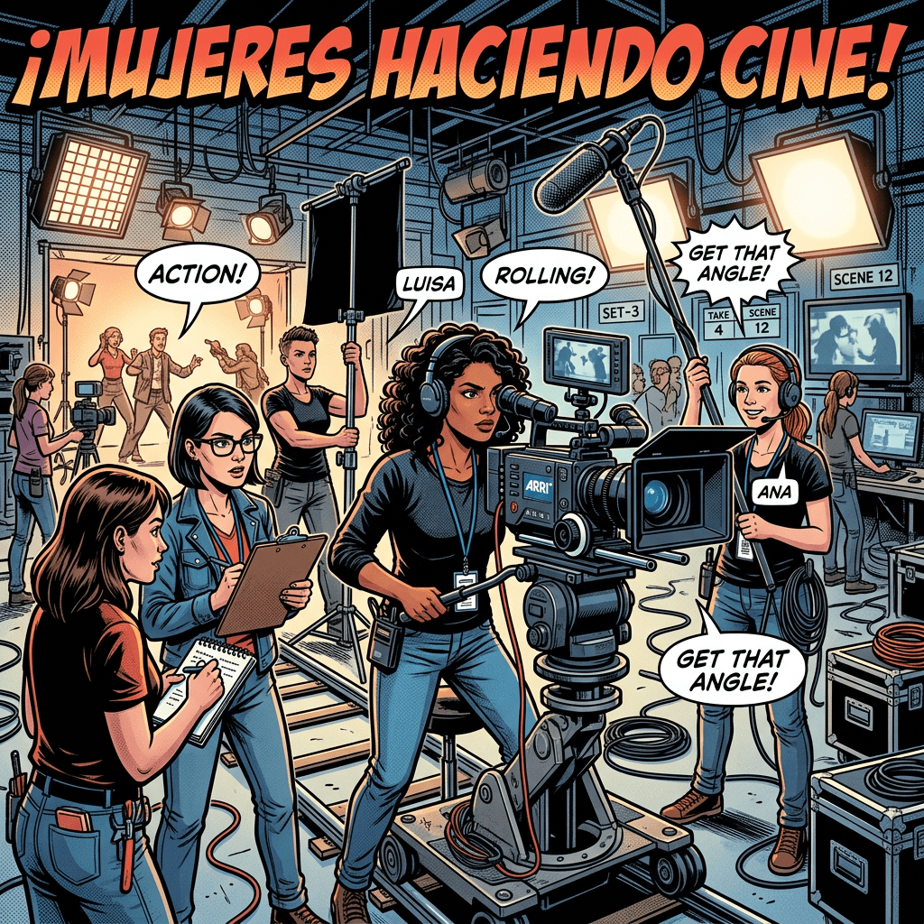 Women crew members filming and directing a movie scene on set with actors and equipment