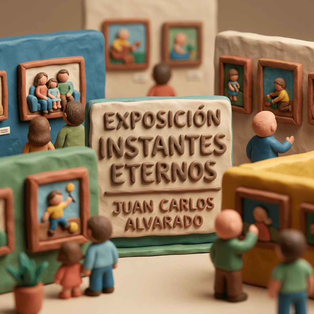 Clay figures viewing an art exhibition titled 'Exposición Instantes Eternos' by Juan Carlos Alvarado